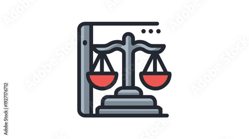 Stylized illustration of justice, featuring balancing scales, red bowls, and a supporting structure
