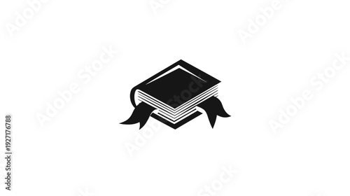 A simple, black-and-white illustration of an open book with ribbon bookmarks on white background