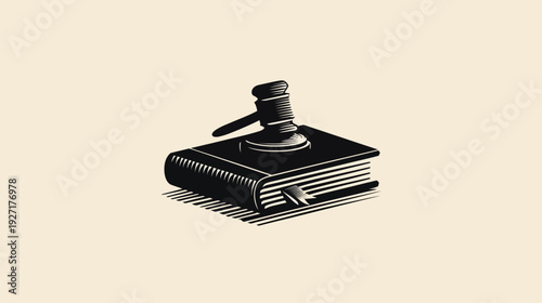 A black and white illustration of a gavel resting on top of a book with lines