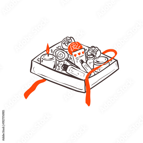 Valentines Day, girl birthday, wedding romanic love gift and present. Hand drawn whimsical coquette style doodle sketch crayon illustration. Gift box with cosmetics, candle, flowers