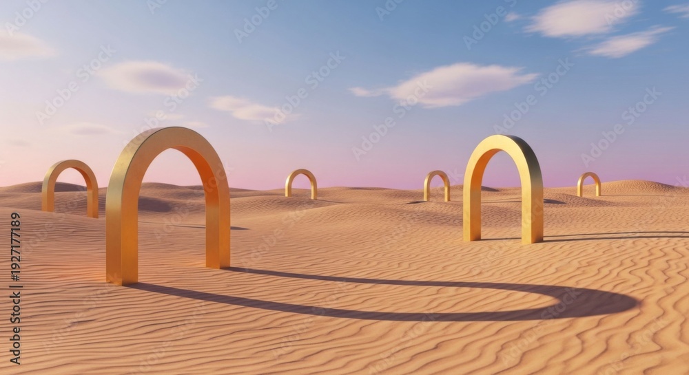 Obraz premium Surreal desert landscape with golden arches and soft pastel sky