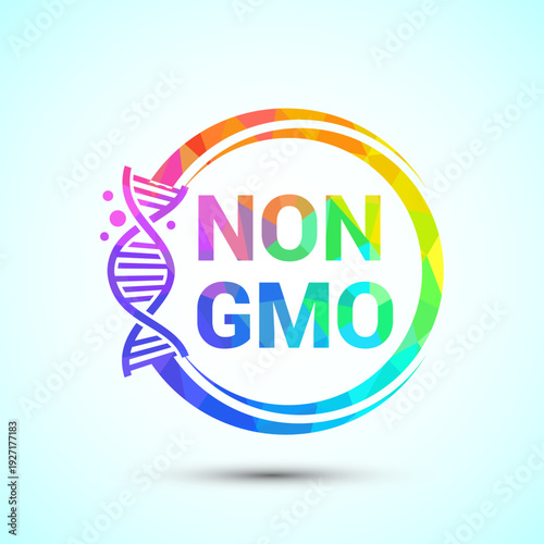Colorful non GMO emblem with DNA helix and abstract circle