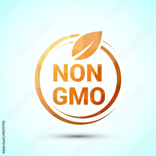 Orange non GMO emblem with leaf and abstract circle on light background