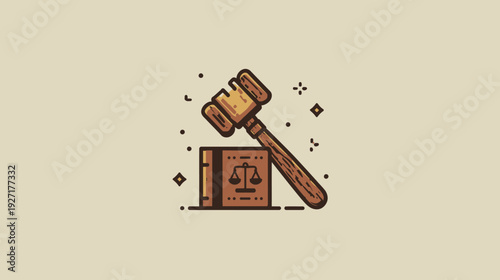 A stylized illustration depicting a gavel resting on a book, and scales are also present