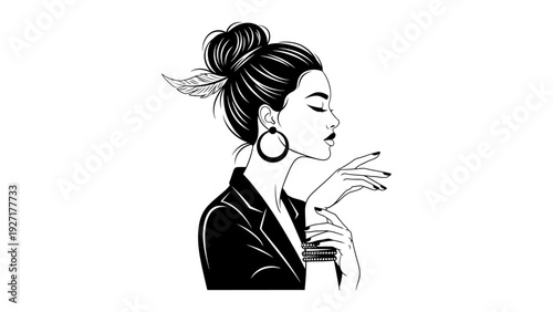 Elegant Woman Portrait, Black and White, Chic Style, Fashionable, Minimalist Art