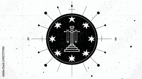 A black and white emblem of science, featuring a round frame, stars, lab equipment, and a star-like pattern