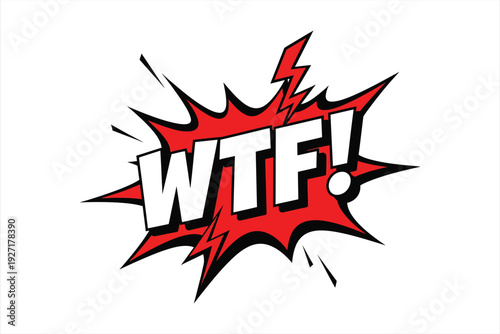 Bold comic style vector illustration of wtf expression with cartoon typography and red explosion background, perfect for humorous graphic design elements, dynamic energetic visual representation.