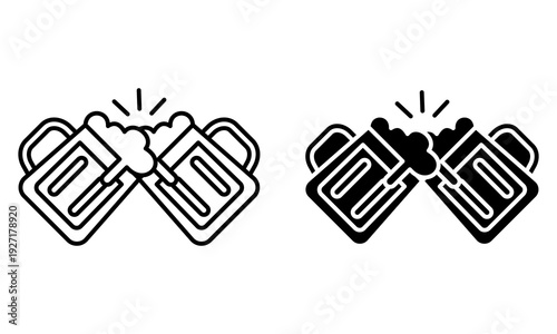 Two beer mugs clinking in celebration with frothy heads