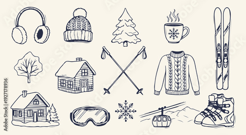 Winter Sports and Activities Hand Drawn Icons Set
