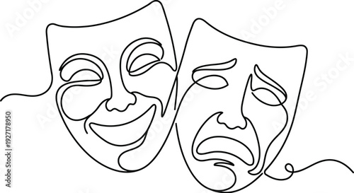 Comedy and Tragedy Theater Masks Continuous Line Icon, Minimalist Drama Symbol