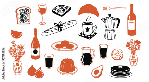 Assorted Breakfast Food and Drink Items Doodle Style