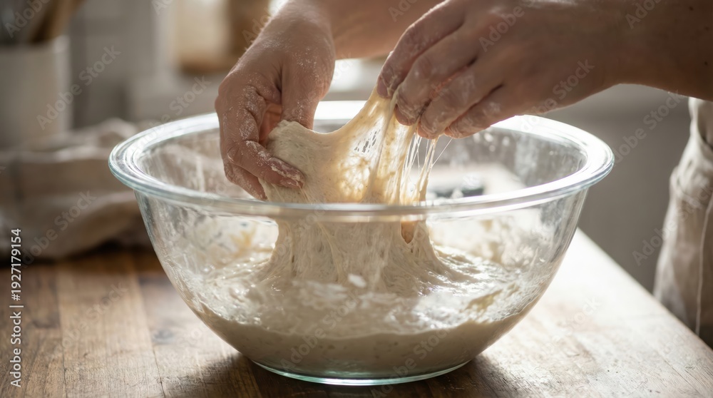 Fototapeta premium Close-up of female hands kneading dough in glass bowl on wooden kitchen counter at home baking