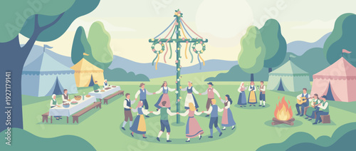 Scandinavian Midsummer Festival Vector Illustration with People Dancing Around a Maypole in Traditional Folk Costumes, Outdoor Dining, Campfire, Music, and Summer Solstice Celebration Scene.
