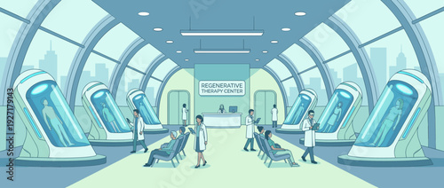 Modern Regenerative Medicine Clinic Illustration with Advanced Treatment Pods, Medical Staff, and Patients in a Futuristic Healthcare Center Featuring High-Tech Healing Chambers and Technology.