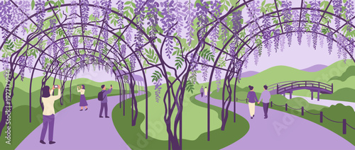 Flat Vector Illustration of a Scenic Wisteria Tunnel Walkway in Full Bloom with Visitors, Beautiful Purple Flower Garden Park with Arched Trellis, Bridge, and Green Hills Landscape Background