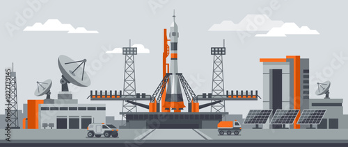 Modern Spaceport Launch Facility Flat Vector Illustration with Rocket on Pad, Satellite Dishes, Solar Panels, Communication Towers, and Research Vehicles in a Minimalist Tech Design Style.