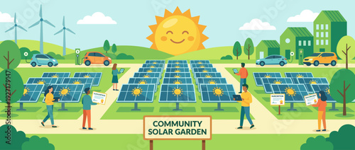 Modern community solar garden flat vector illustration featuring shared solar panels, people with subscription certificates, electric vehicle charging, wind turbines, and sustainable green city.