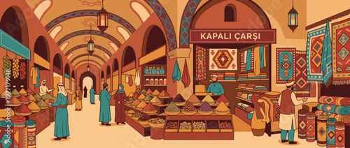 Flat Vector Illustration of the Traditional Turkish Grand Bazaar Kapalı Çarşı Featuring Colorful Spices, Handwoven Carpets, Arched Architecture, and People in Traditional Middle Eastern Clothing.