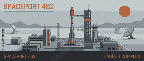 Flat vector illustration of a modern spaceport launch complex featuring a rocket on the pad, satellite dishes, control towers, and industrial buildings under a stylized sun in a minimalist style.