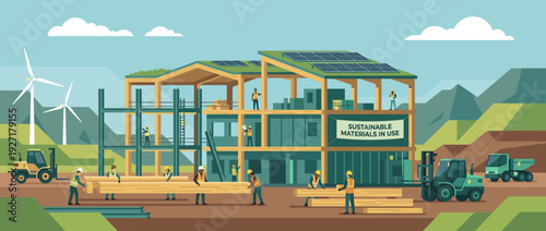 Modern green building construction site with sustainable materials, solar panels, and wind turbines. Workers in safety gear building an eco-friendly structure in a flat vector illustration.