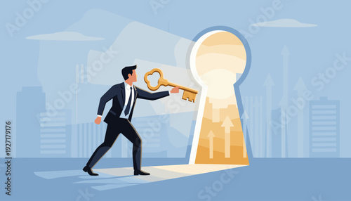 Businessman in a suit holding a golden key towards a giant glowing keyhole, stepping forward to unlock a bright future and new opportunities, conceptual illustration of success, vision, and growth.