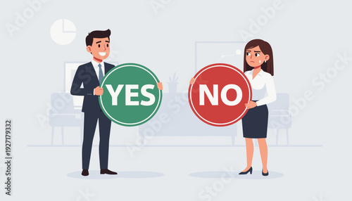 Businessman Holding Green Yes Sign and Businesswoman Holding Red No Sign. Concept of Decision Making, Agreement, Disagreement, Choice, Voting, Feedback, and Conflict Resolution in the Office.
