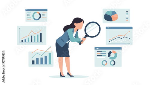 Businesswoman Analyzing Data with Magnifying Glass, Vector Illustration of Statistical Analysis, Financial Charts, Graphs, and Market Research for Business Intelligence, Auditing, and Data Review.