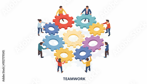 Isometric vector illustration of business people collaborating to assemble large colorful gears, representing teamwork, corporate partnership, unity, synergy, and efficient workflow processes.