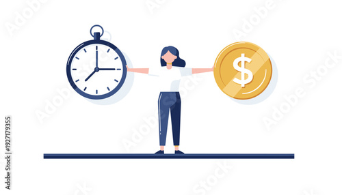 Flat Vector Illustration of a Woman Balancing Time and Money Concept with a Large Clock and Gold Dollar Coin, Representing Work-Life Balance, Financial Management, and Productivity in Business.