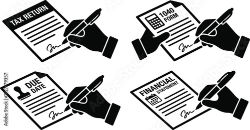 Hand signing tax return document on office desk