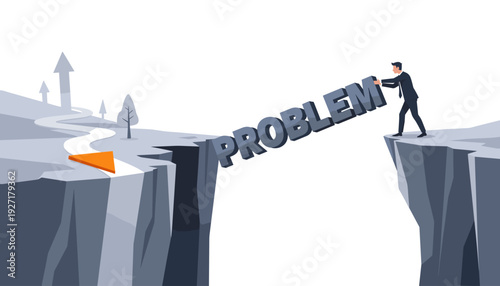 Businessman Pushing Big Problem Word Off a Cliff to Clear Path for Success, Conceptual Illustration of Problem Solving, Overcoming Obstacles, Strategic Thinking, and Achieving Business Goals.