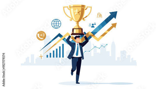 Successful businessman holding a large golden trophy cup above his head celebrating victory and achievement in business competition with growth arrows and city skyline background vector.