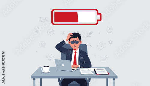 Exhausted Businessman with Low Battery Icon Above Head Feeling Burnout and Stress at Office Desk, Professional Fatigue and Mental Health Concept Illustration of Tired Worker with Laptop