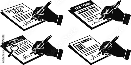 Hand signing tax return document on office desk