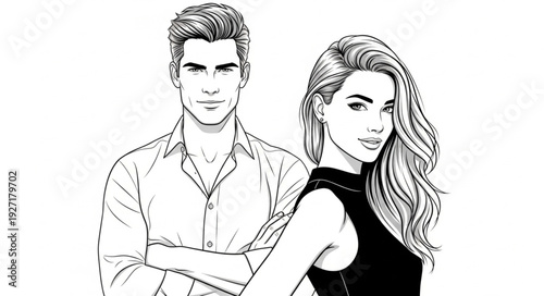 Confident couple standing together, looking directly at the viewer with determination and poise.