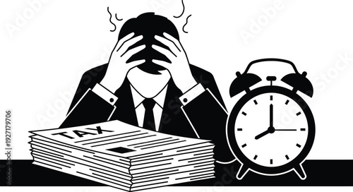 Stressed entrepreneur working on financial tax documents with clock
