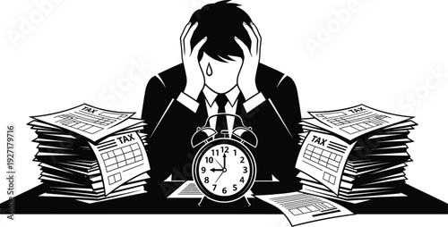 Stressed entrepreneur working on financial tax documents with clock