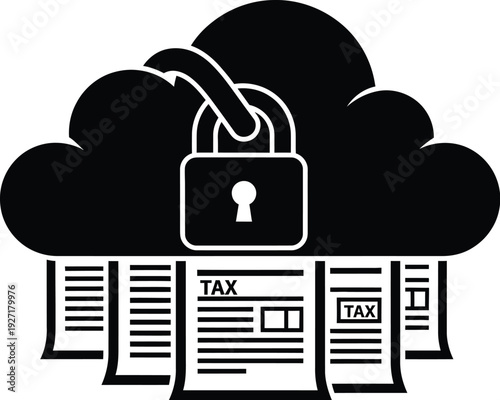 Cloud tax storage illustration with secure padlock icon