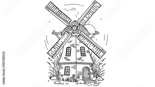 A minimalist vector illustration of a traditional windmill house with a rustic charm