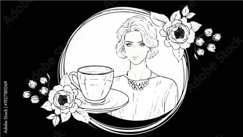 A minimalist line art illustration of a woman holding a teacup surrounded by flowers