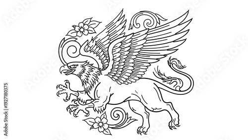 A mythical winged lion with floral designs in a vector graphic illustration