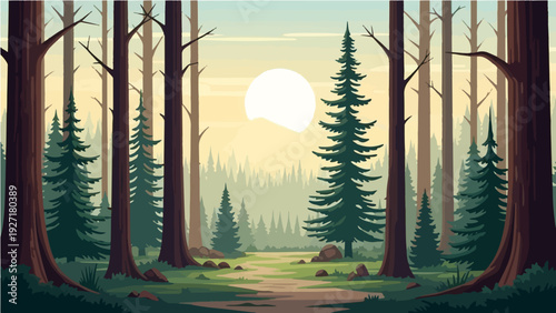 A serene forest landscape with a dirt path leading to a sunny clearing