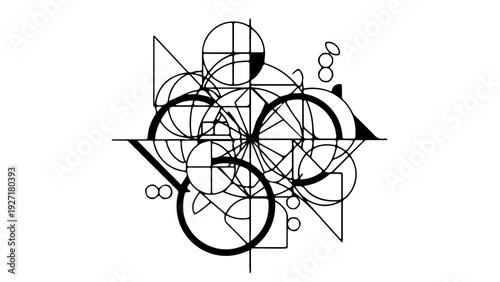 A complex geometric vector graphic illustration with various shapes and lines on a white background