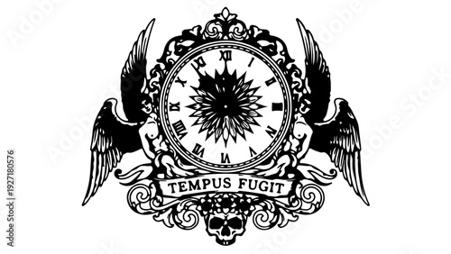 A black and white vector graphic illustration of a clock with wings and a skull, symbolizing the passage of time.