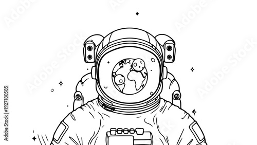 A minimalist line art illustration of an astronaut in space with a planetary view