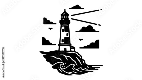 A minimalist vector illustration of a lighthouse on a rocky coastline with waves and clouds