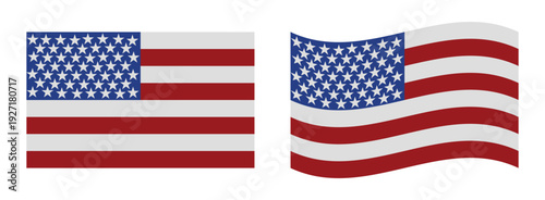 Set of united states of america national flag icons in rectangle and waving shapes isolated on white background