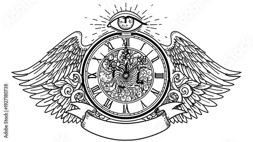 A detailed vector illustration of a clock with wings and an eye, symbolizing time and vision.