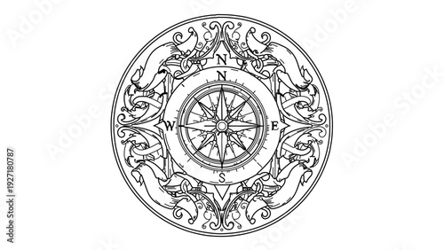 A minimalist vector graphic of a compass surrounded by ornate floral designs