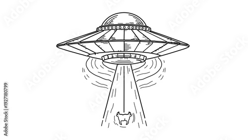 A minimalist line art illustration of a UFO abducting a cow in a simple vector graphic design